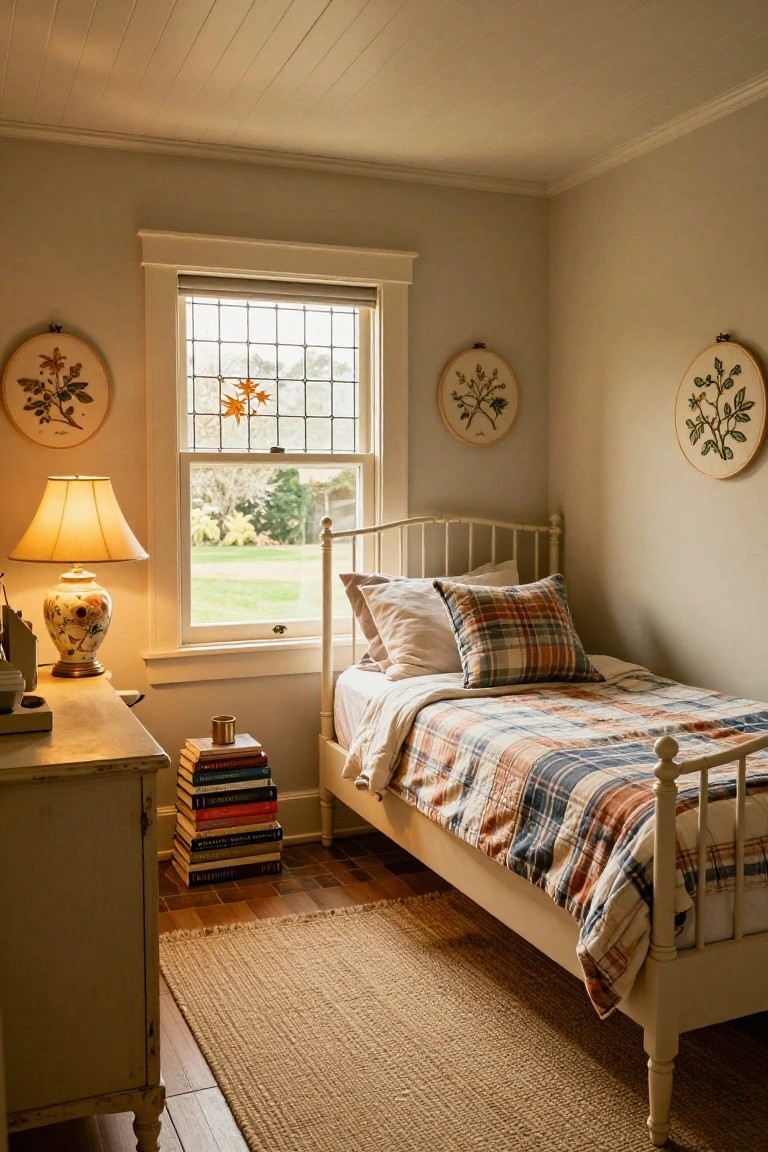 A cozy beige bedroom with a single iron bed covered in plaid quilt and pillows, a wooden desk holding books and a lamp next to a blue-and-white vase, embroidered botanical hoops on walls, and a window showing grass and trees.