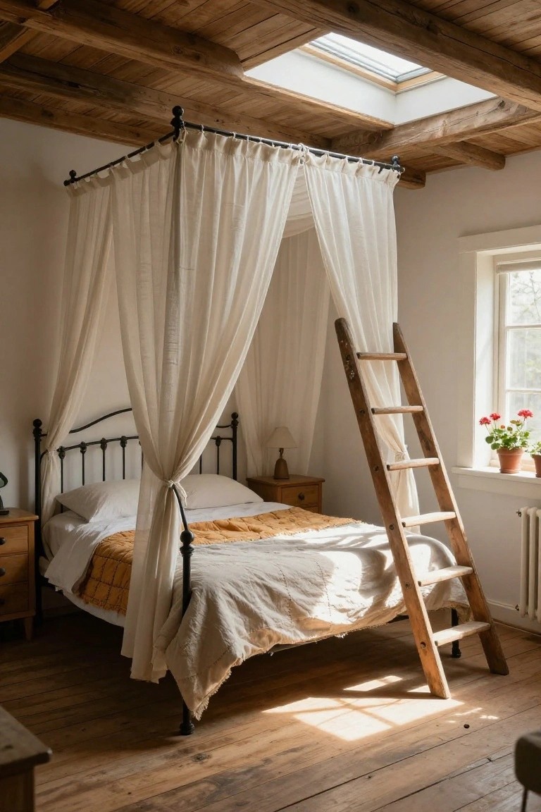 Rustic attic bedroom with black metal canopy bed draped in white sheer curtains, orange quilt on bed, wooden ladder leaning on wall next to window with potted plants, exposed wooden beams and floors, skylight overhead.