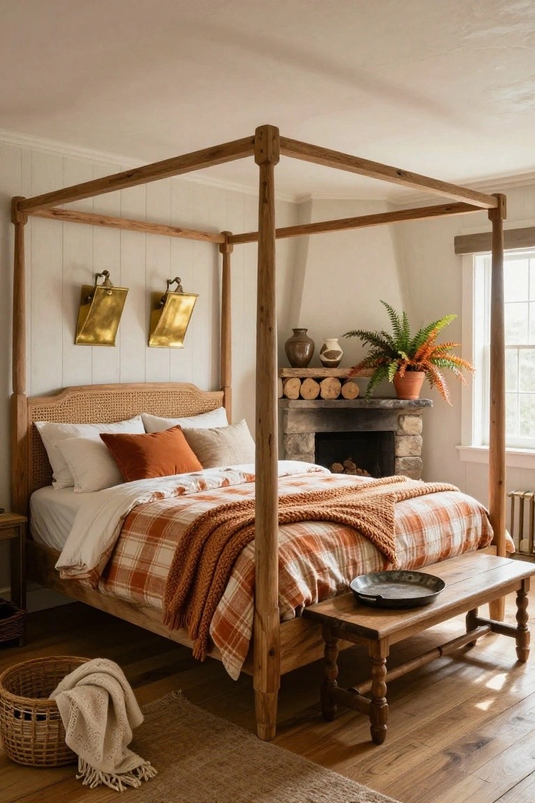 A bedroom with a tall wooden canopy bed dressed in white sheets, orange plaid quilt, and knit throw, next to a stone fireplace, brass wall sconces, plants, and a wooden bench on hardwood floors.