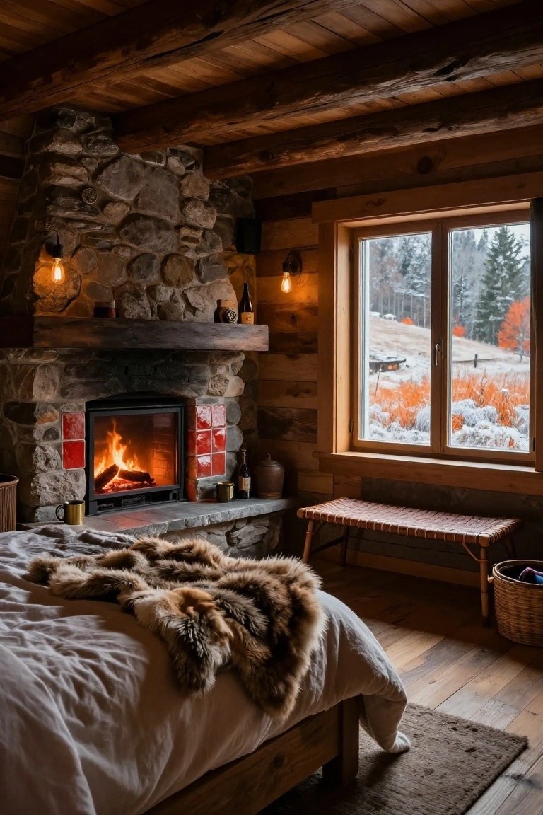 Log cabin bedroom with stone fireplace burning logs, wooden bed draped in fur throw, bench by window overlooking snowy field and trees.