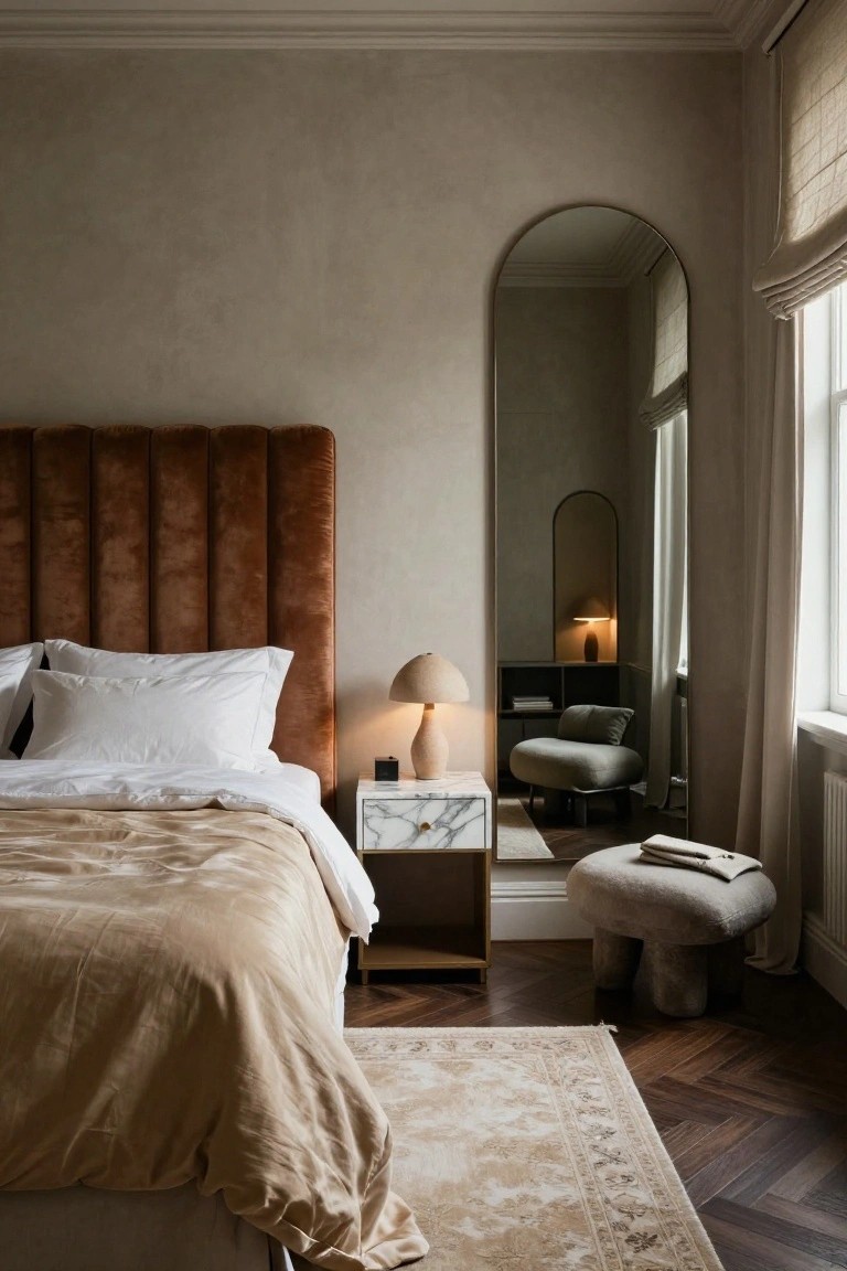 Bedroom with tufted terracotta upholstered headboard, white bedding, marble nightstand holding cream lamp and small speaker, arched mirror in corner, pouf stool, and beige rug on herringbone parquet floor.