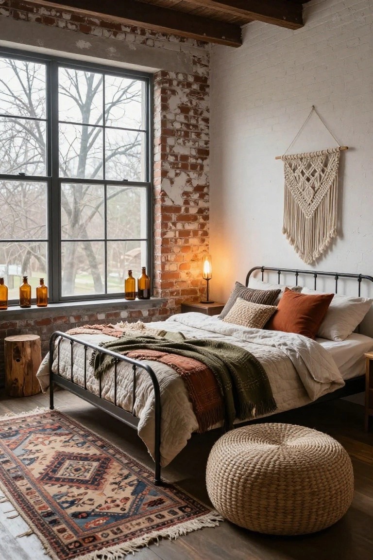 Bedroom interior with exposed red brick walls, large black-framed windows showing bare trees and bottles on the sill, black metal bed frame piled with orange, green, and white layered bedding and pillows, macrame wall hanging, wood stump stool, lamp on wood nightstand, woven pouf, and patterned rug on wood floor.