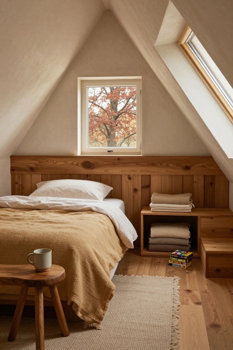 Attic bedroom with light wood paneling on sloped walls and headboard, bed draped in beige linens and tan blanket, wooden stool holding a mug, stacked blankets on shelf, and window showing autumn tree.