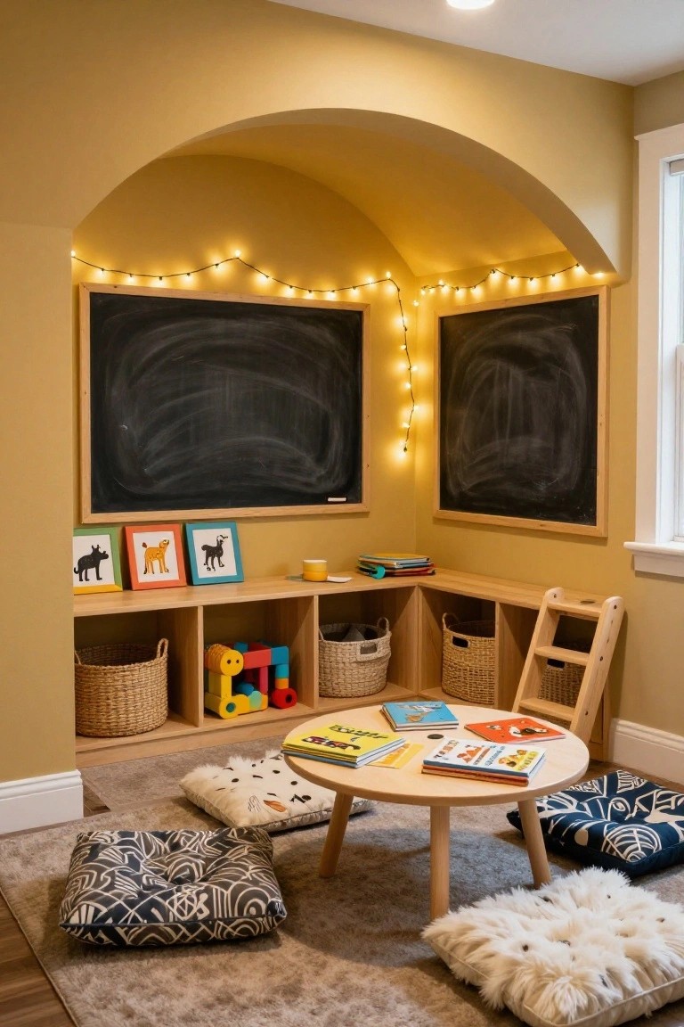 Yellow-painted arched alcove in a basement with two framed chalkboards, built-in wooden shelves holding toys, books, and baskets, a low round wooden table with children's books, floor cushions, and string lights.
