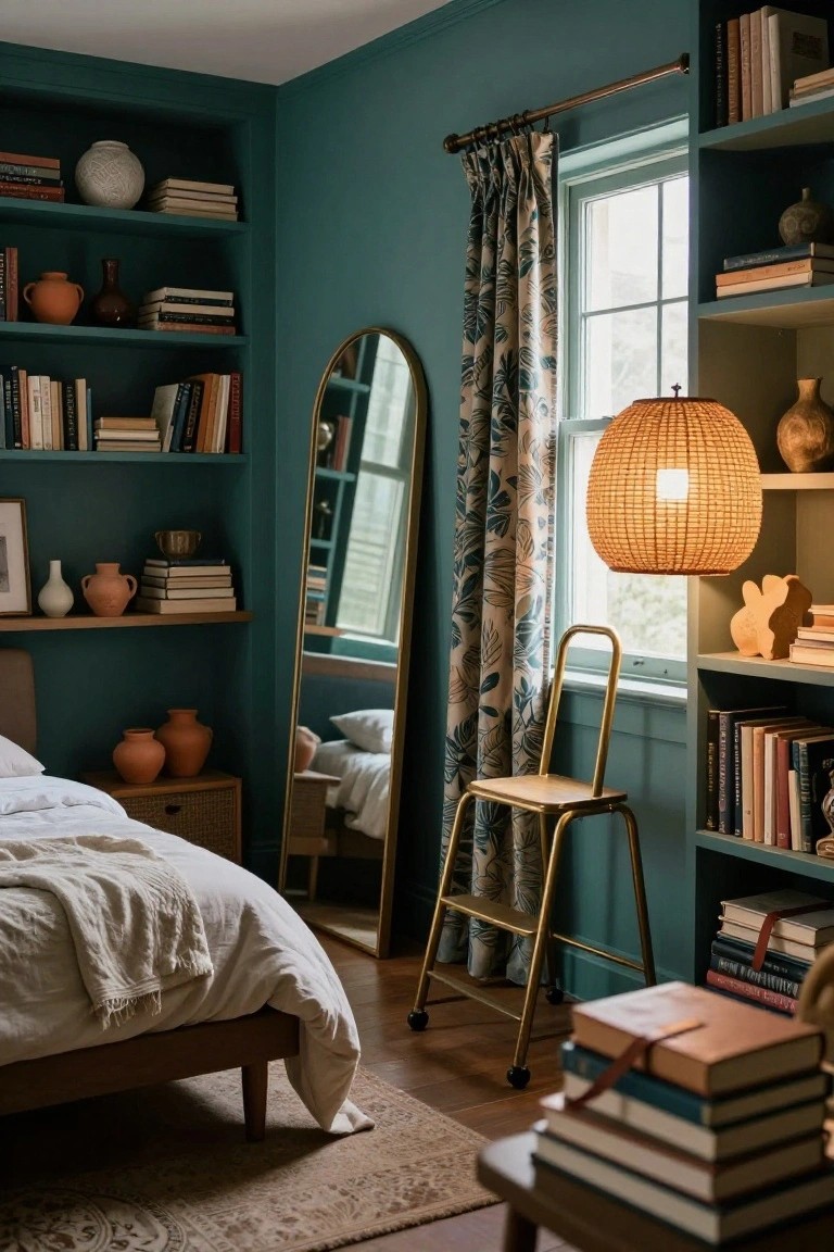 Teal green bedroom with built-in bookshelves filled with books, pottery, and art, a tall arched mirror, bed with white linens, rattan pendant lamp, gold metal stool, and window with leaf-patterned curtains.