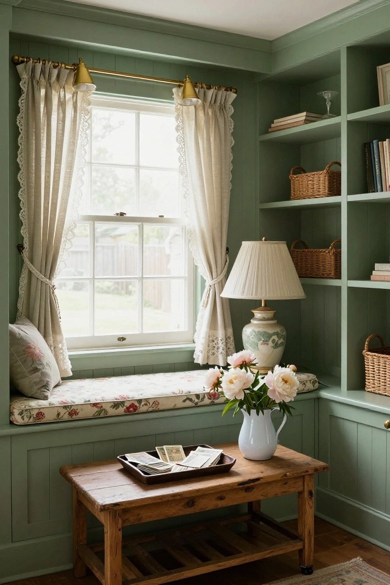 Sage green paneled indoor corner with built-in window seat on floral cushion, surrounding open bookshelves holding books and woven baskets, wooden table with tray and white vase of pink peonies, beside a multi-pane window with sheer lace curtains.