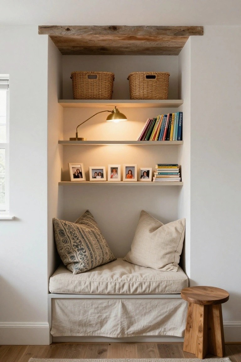 Built-in alcove with light wood shelves holding wicker baskets, colorful books, picture frames, and a brass gooseneck lamp above a cushioned bench seat with pillows and a skirt, plus a wooden stool beside it in a white room.