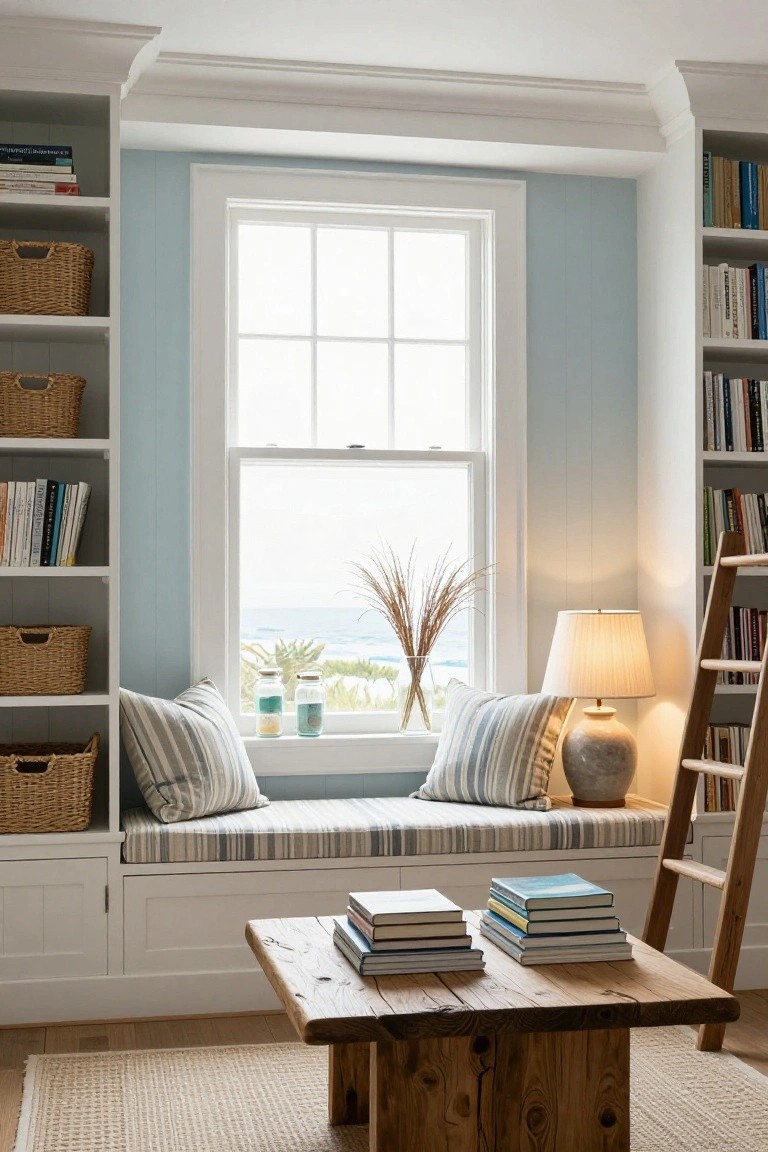 Light blue paneled room with white built-in bookshelves on both sides of a large window, a cushioned window bench below, striped pillows, jars on the sill, books stacked on a wooden coffee table in front, and a wooden library ladder against the right shelves.