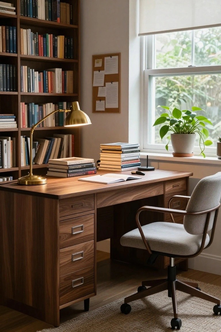 Wooden desk with drawers and brass lamp on a home library setup surrounded by bookshelves, with stacked books, an open notebook, and a potted plant on a windowsill.
