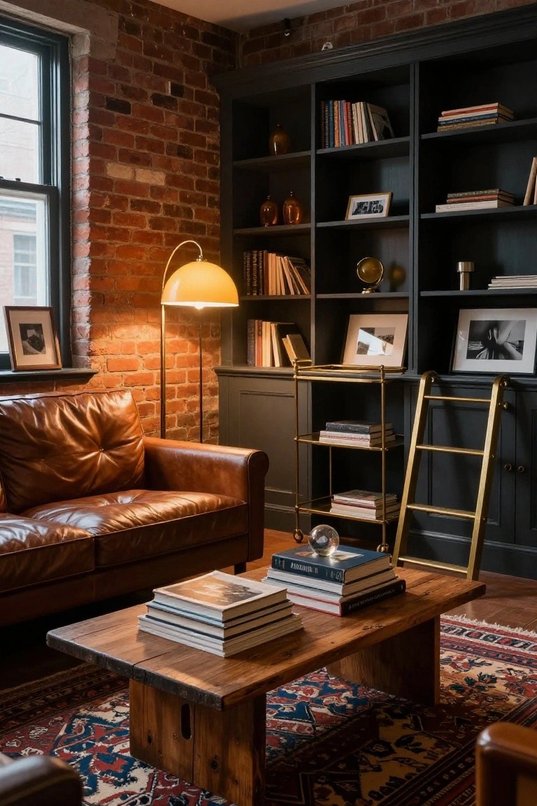 Cozy library room featuring exposed red brick walls, dark wooden built-in bookshelves filled with books and decor, brown tufted leather sofa, low wooden coffee table with stacked books, gold metal shelving unit, patterned rug, and arched yellow lamp.