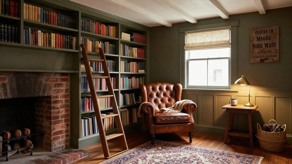 23 Cozy Basement Library Ideas With Serious Charm Sage green paneled walls in a cozy library room with floor-to-ceiling bookshelves, wooden rolling ladder, brown leather wingback armchair with throw by brick fireplace, small side table with lamp and teacup, linen window shade, and Persian rug on wood floor.