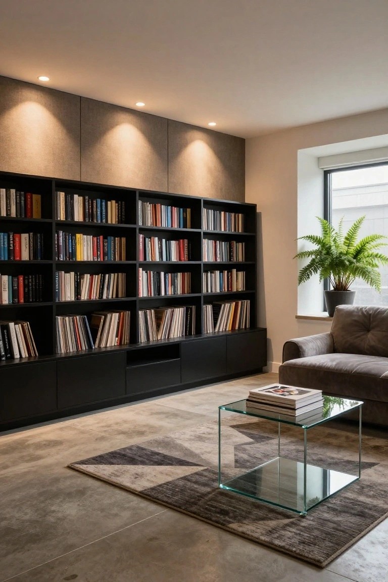 Contemporary room with floor-to-ceiling black bookshelves filled with multicolored books, lower black cabinets, gray tufted sofa, glass coffee table on gray rug, potted fern by window, and recessed ceiling lights.