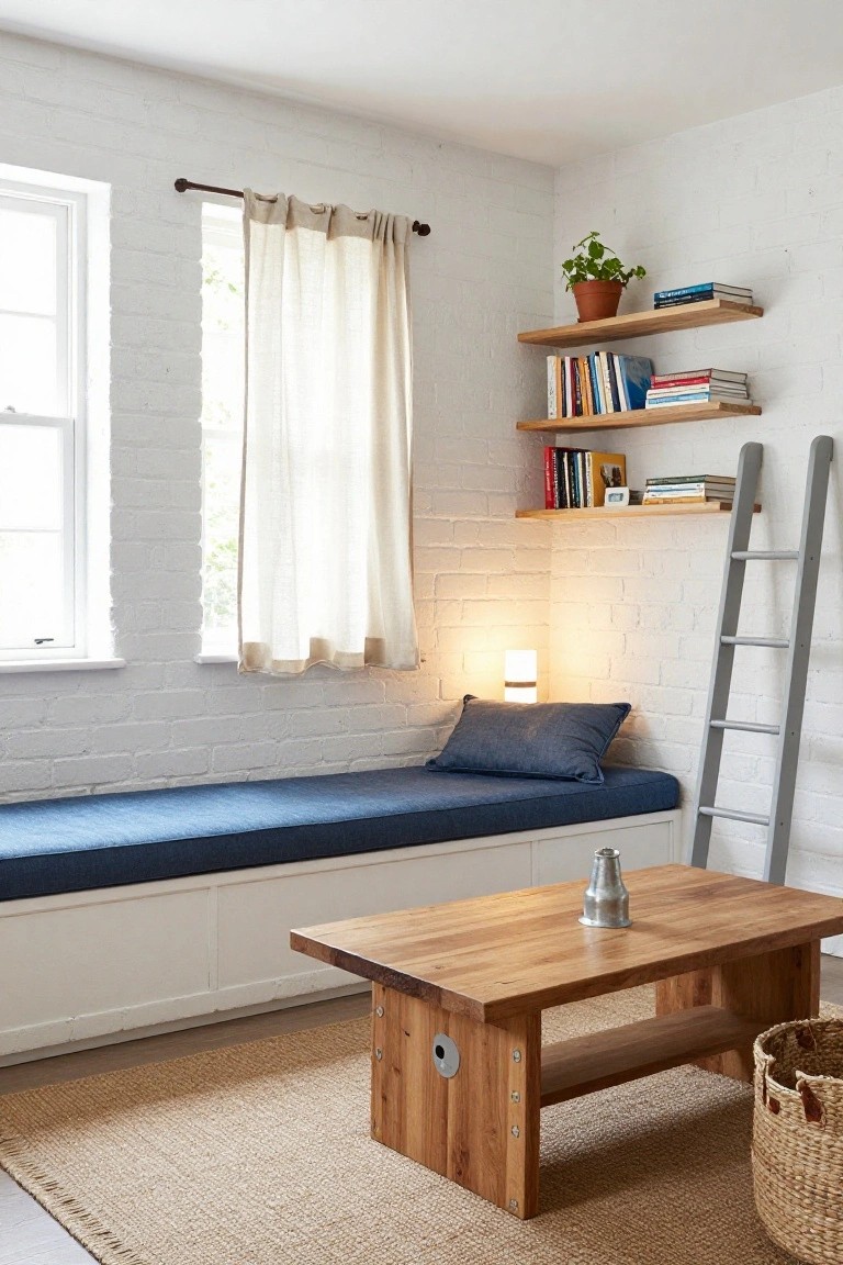 Cozy interior room with white exposed brick walls, wooden ladder-leaning bookshelves stocked with books, built-in blue daybed bench with white cabinet base, oak coffee table holding a metal pitcher, seagrass rug, and potted plant on shelves.