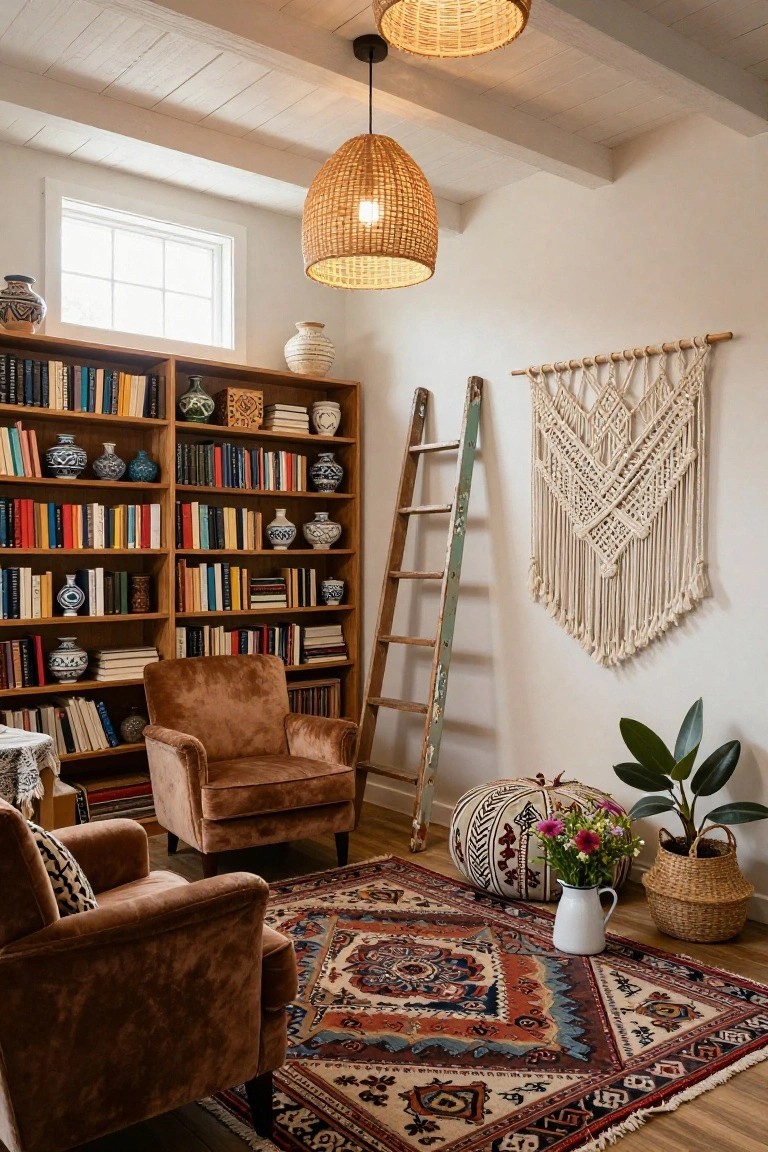 Cozy interior room with tall wooden bookshelves filled with colorful books and blue-and-white ceramic vases, a leaning weathered wooden ladder, two brown velvet armchairs on a red, blue, and cream Persian-style rug, rattan pendant lights, macrame wall hanging, plants, pouf, and ladderback chair.