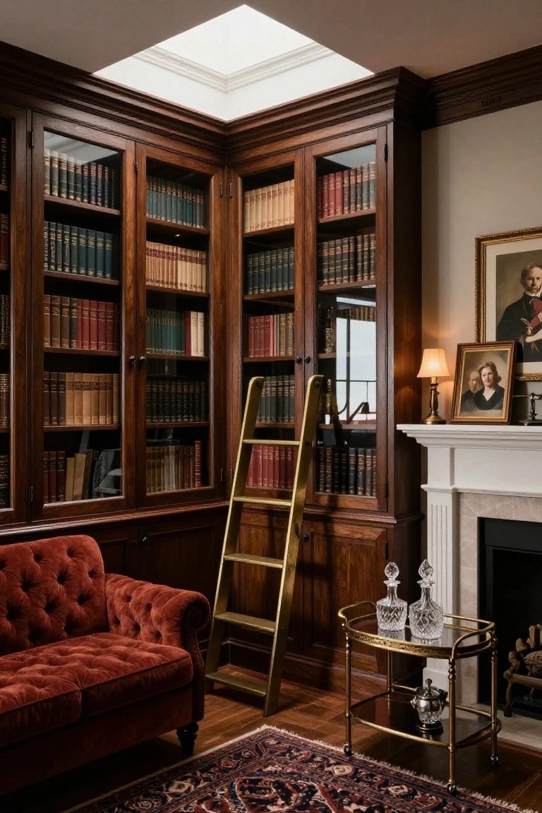 Corner interior with tall wooden bookshelves filled with books, gold rolling ladder, red tufted sofa, white fireplace, brass cart with decanters, and skylight above.