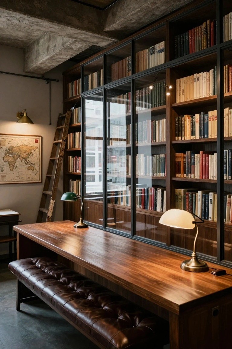 Cozy basement library interior with tall black metal and glass-fronted bookshelves filled with books, wooden desk with brass lamps, tufted leather bench, wooden ladder, world map on wall, and exposed concrete beams.
