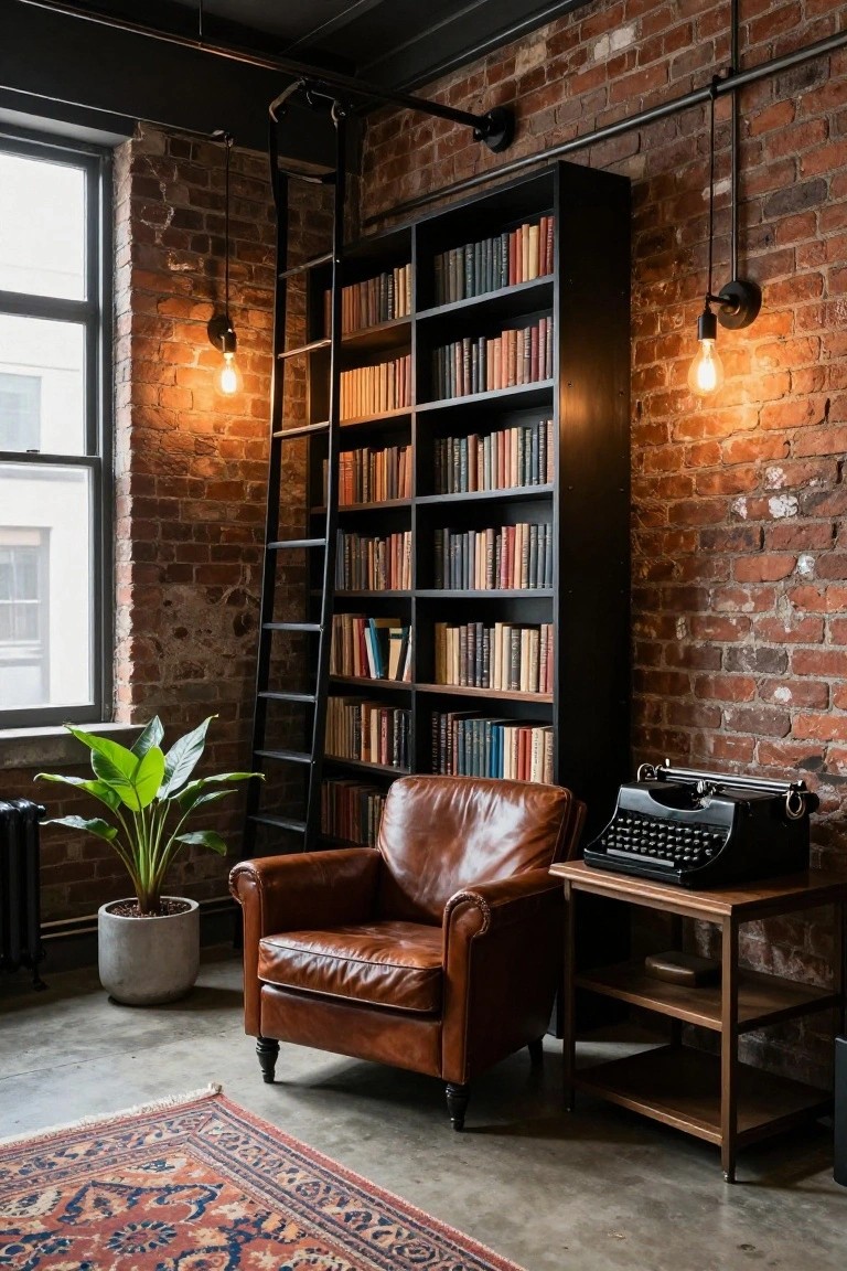 Cozy basement library interior with tall black bookshelves against exposed brick wall, wooden rolling ladder, brown leather armchair, potted green plant, vintage black typewriter on wooden side table, and warm Edison bulb pendant lights.