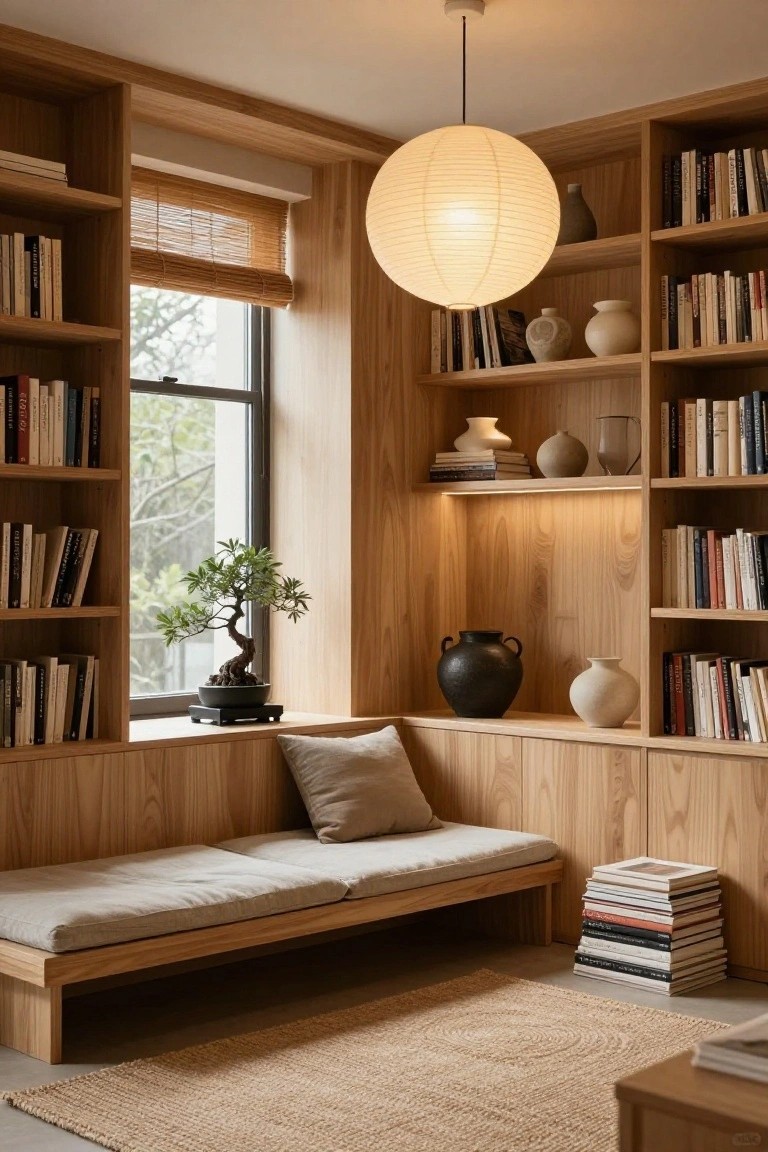 Wooden built-in bookshelves lining a corner room with a window seat daybed below the window, bonsai tree on the sill, hanging paper lantern light, and stacks of books nearby.