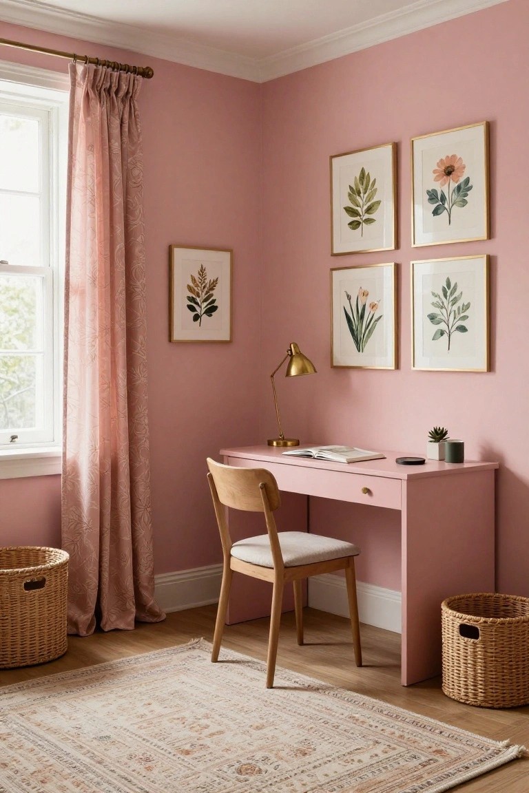 Pink-walled room featuring a matching pink desk with wooden chair, gold desk lamp, open book, succulent plant, botanical art prints in gold frames, pink curtains, and wicker baskets on hardwood floor with beige rug.