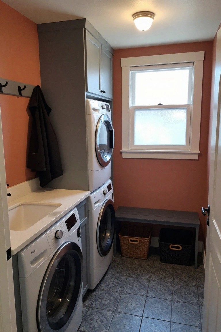 Small basement laundry room with orange walls, stacked white washer and dryer, gray cabinets overhead, white utility sink, wooden bench, wicker and plastic bins, and blue patterned tile floor.