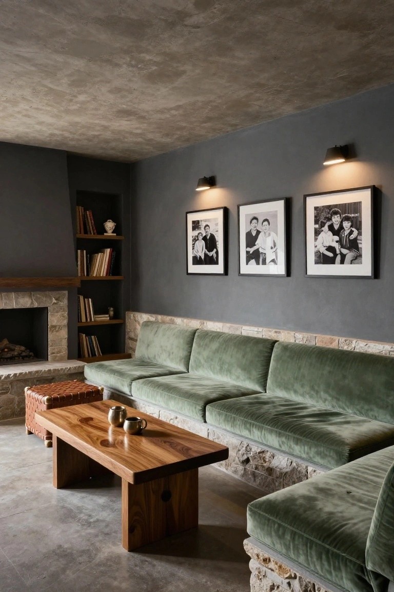 Basement living area with dark gray walls, L-shaped green velvet sofa against stone base, low wooden coffee table holding two metal cups, stone fireplace, built-in bookshelves with books and sculpture, and three black-and-white family photos in frames on the wall.