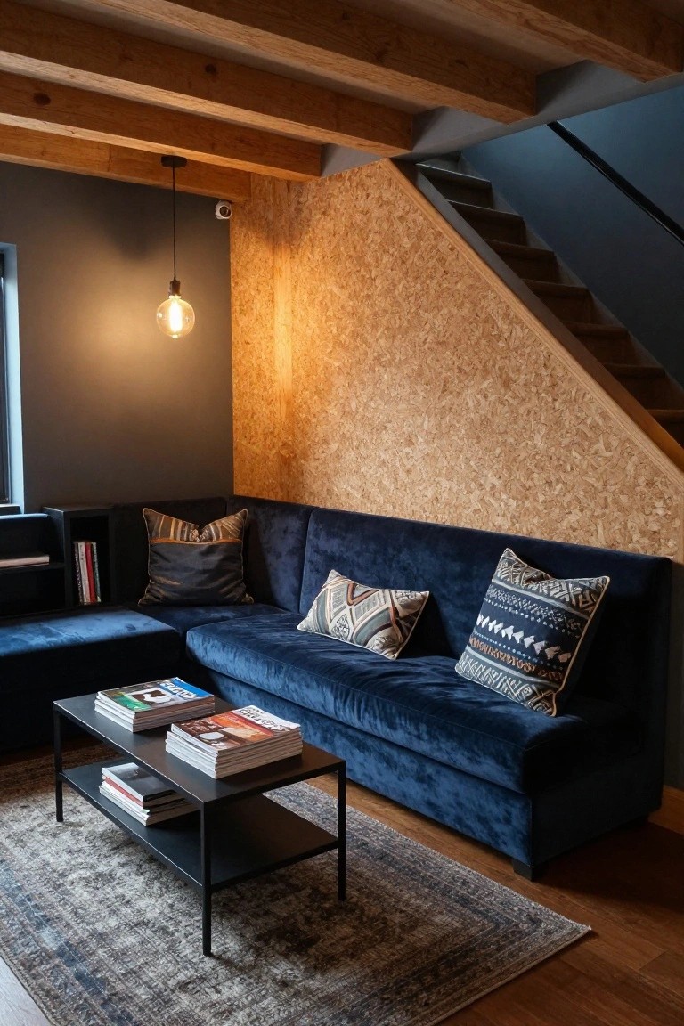 Basement lounge with L-shaped navy blue velvet sofa, patterned pillows, black metal coffee table holding stacked magazines and books, dark gray walls, wood beam ceiling, OSB accent wall beside black metal stairs, pendant light, and built-in shelves.