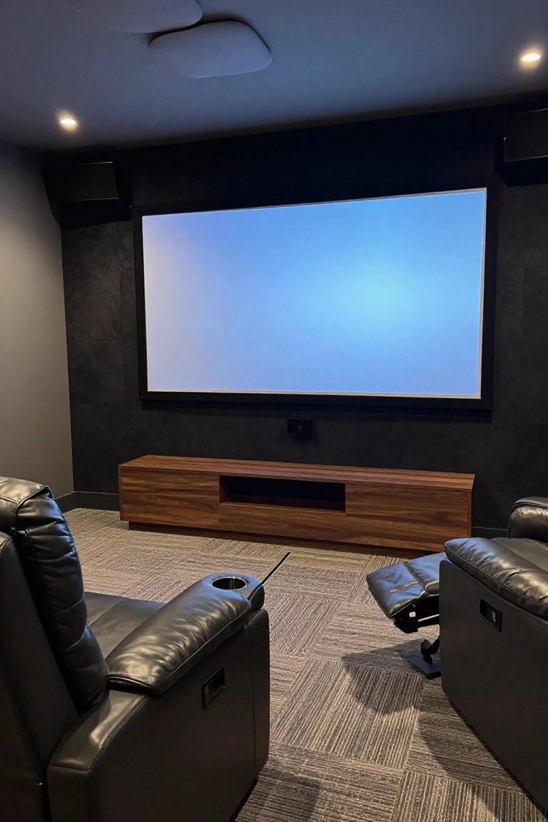 Home theater room with large blank projection screen on wall, two black leather recliner chairs facing it, wooden media console below screen, dark textured gray walls, black ceiling speakers, and recessed ceiling lights.