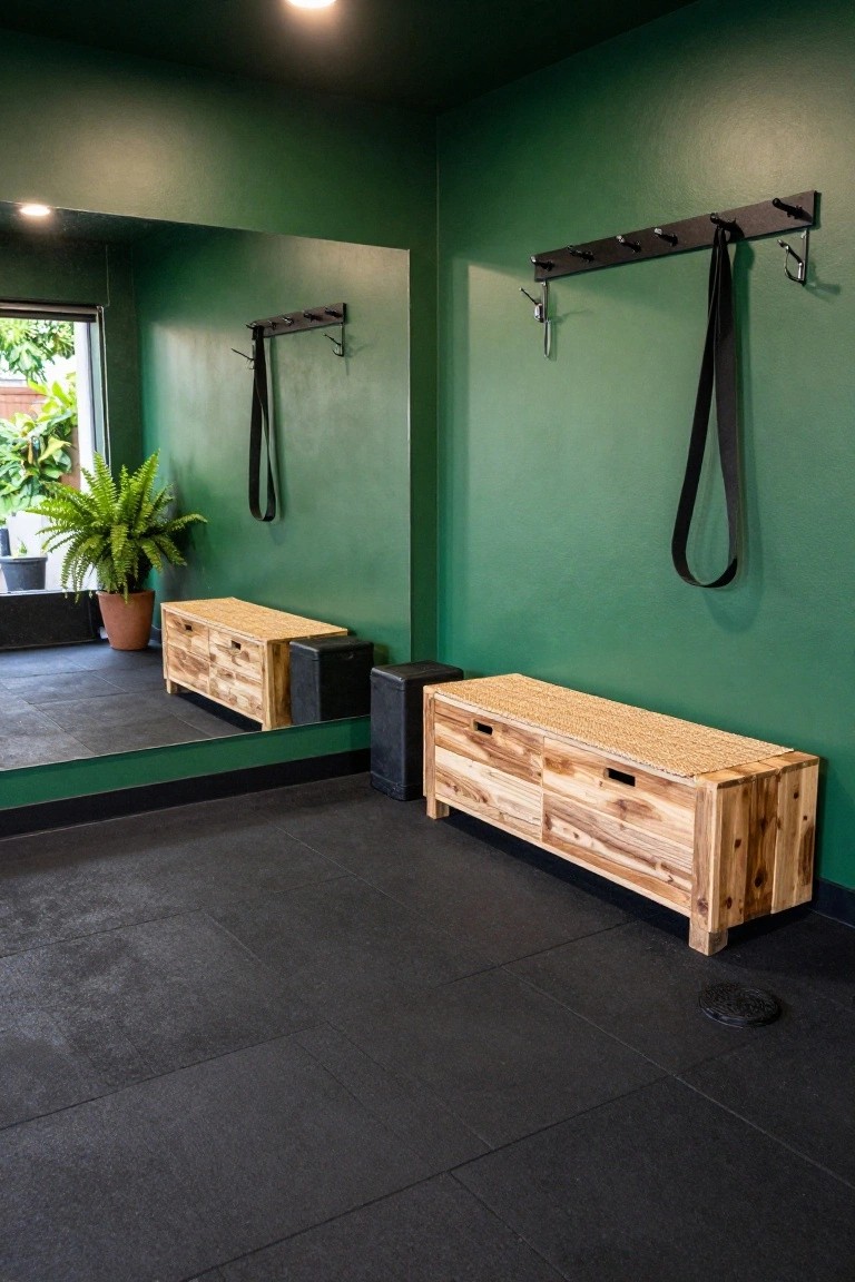 A small interior room with matte deep green walls, a large wall mirror, wooden storage bench with rattan seat, black rubber flooring, potted fern, and wall hooks holding belts and straps.