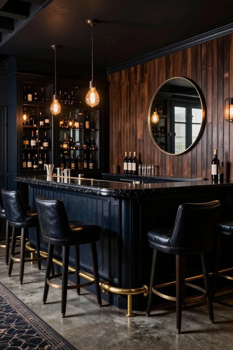 Dark navy painted bar cabinetry with wood-paneled walls, leather bar stools, black marble countertop, wine bottles on shelves, and pendant lights in a basement bar area.