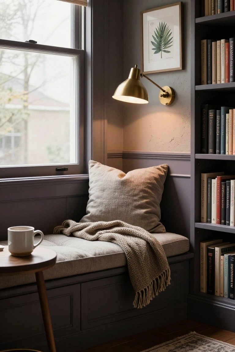 Cozy corner reading nook with deep purple-gray painted walls and built-in bookshelves, beige cushioned window seat with pillow and knit throw, white ceramic mug on wooden side table, brass wall lamp, and fern print on wall.