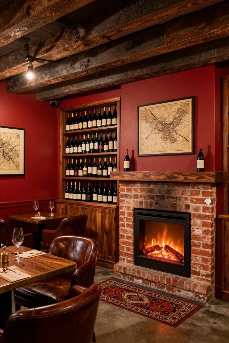 Cozy basement room with deep red walls, exposed wooden beams, tall wooden wine racks, brick fireplace with gas flames, leather armchairs, and wooden table with wine glasses.