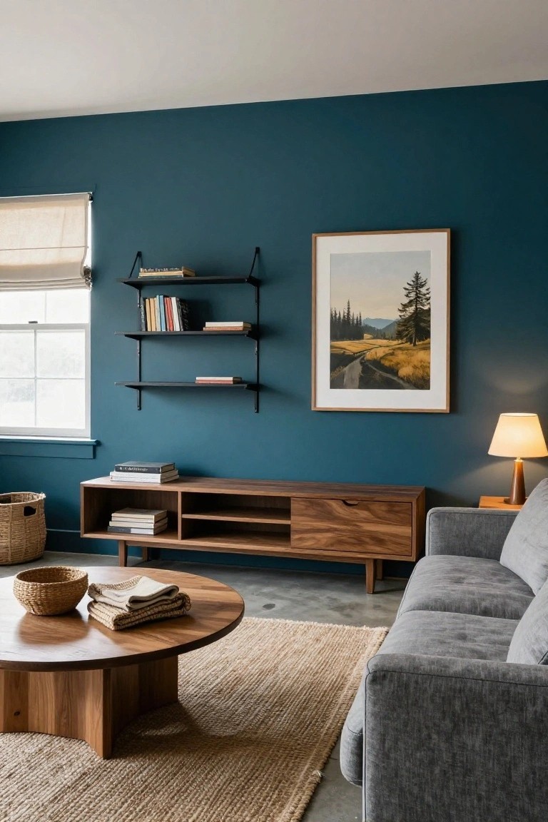 A basement living room with deep teal walls, black metal floating shelves holding books, a walnut media console with stacked books, wood coffee table with linens and basket, gray sofa, beige rug, wicker baskets, and framed landscape artwork.