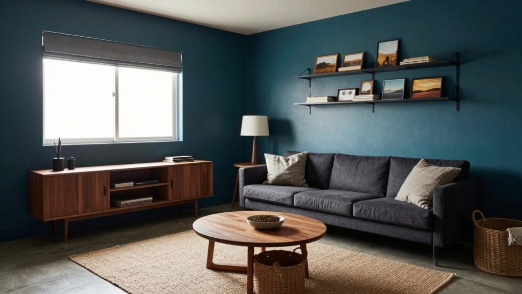 A basement living room with deep teal walls, black metal floating shelves holding books, a walnut media console with stacked books, wood coffee table with linens and basket, gray sofa, beige rug, wicker baskets, and framed landscape artwork.