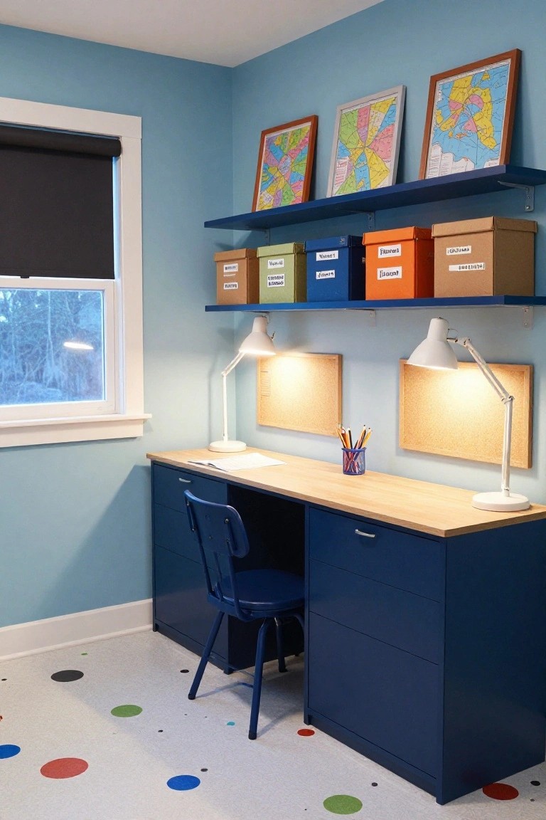 A basement kids' study room with light blue walls, navy blue desk and drawers, birch wood desktop, wall-mounted shelves holding maps and labeled storage boxes, two desk lamps, bulletin boards, and colorful polka dot vinyl flooring.