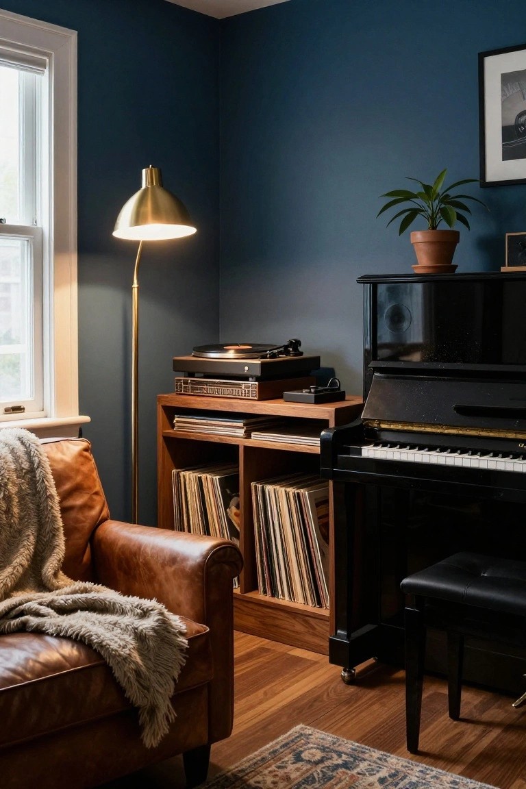 Interior room with navy blue walls containing a black upright piano, wooden shelves full of vinyl records, a turntable, a brown leather armchair with a throw blanket, a gold arched floor lamp, and a potted plant on a side table.