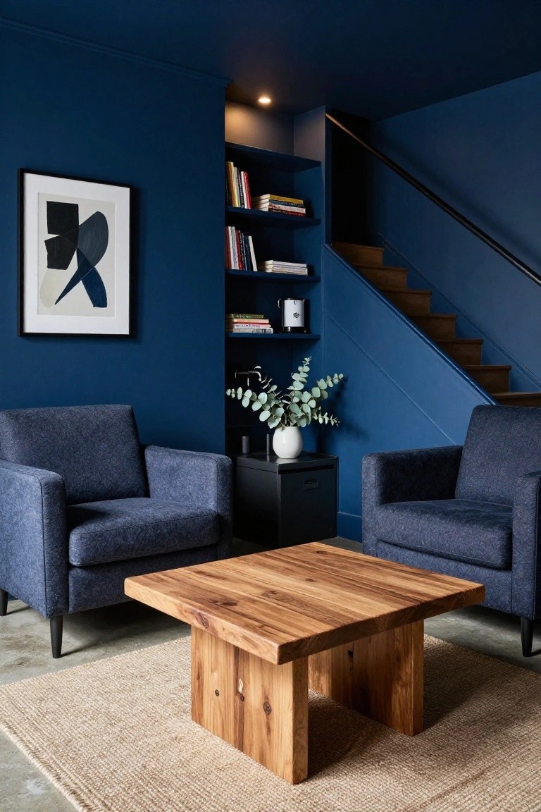Basement sitting area with navy blue walls and ceiling, two matching navy armchairs, square wooden coffee table on a beige rug, built-in bookshelves with books and a white vase of eucalyptus, and wooden stairs.