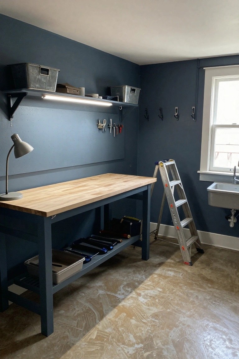 Basement workshop room with dark navy blue walls, wooden workbench, metal utility sink, aluminum ladder, storage bins, and tools on shelves and pegs.