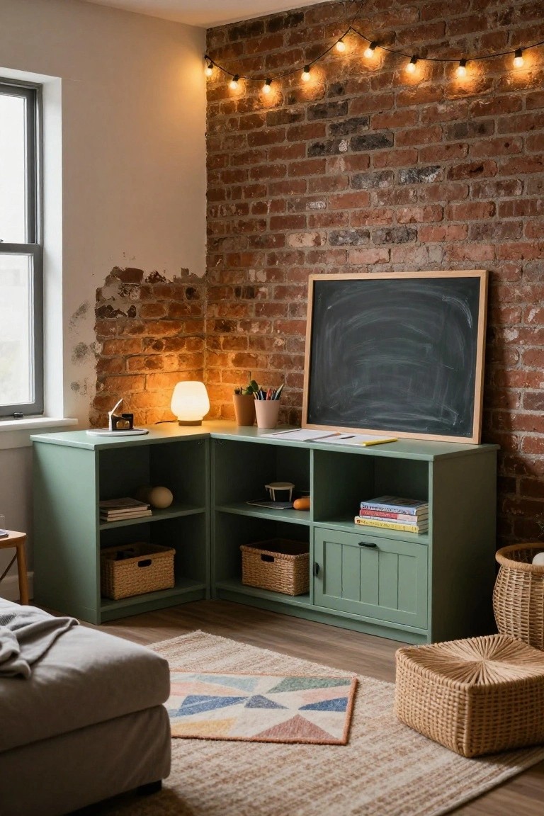 Corner room setup with exposed brick walls, sage green L-shaped wooden cabinets holding books and baskets, chalkboard on wall, potted plants, warm lamp, and colorful rug on wood floor.