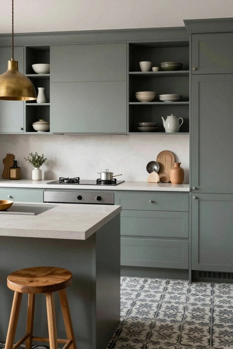 Kitchen featuring sage green cabinets, white countertops and backsplash, brass pendant light, wood stool at island, and black-and-white patterned tile floor.