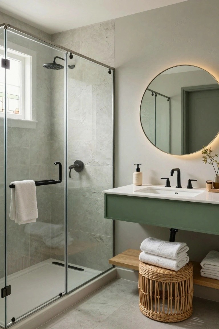Bathroom featuring a glass shower with gray marble-look tile walls, sage green floating vanity with black faucet, round backlit mirror, and stacked white towels on a wood shelf and rattan stool.