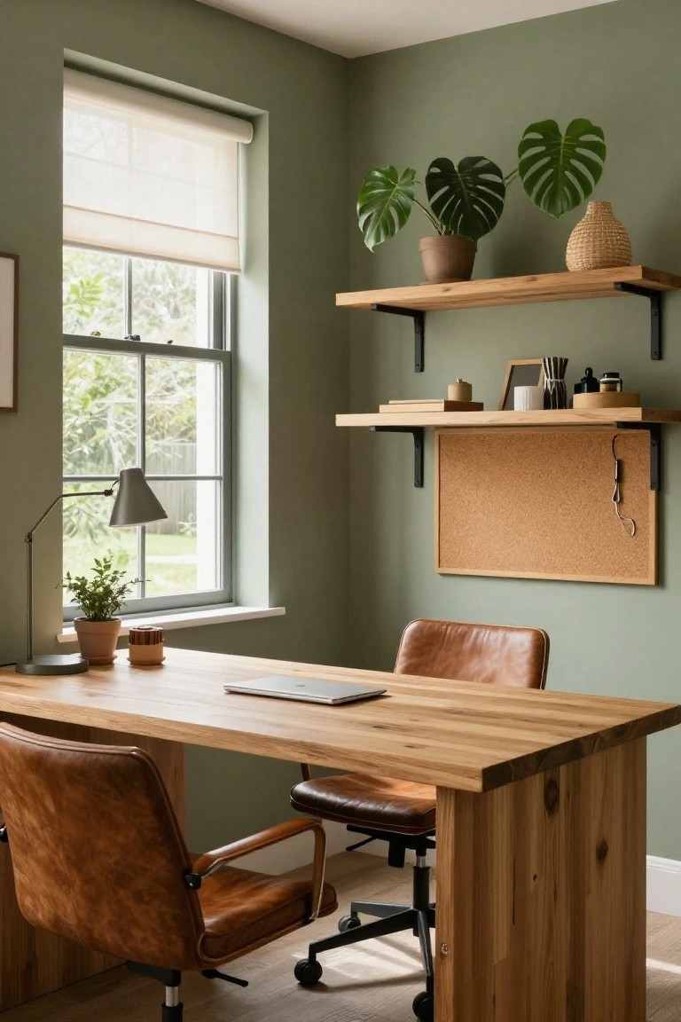 Home office room with pale sage green walls, oak wood desk and matching legs, two tan leather swivel chairs, potted plants, floating wooden shelves, corkboard, desk lamp, and window with sheer blind overlooking greenery.