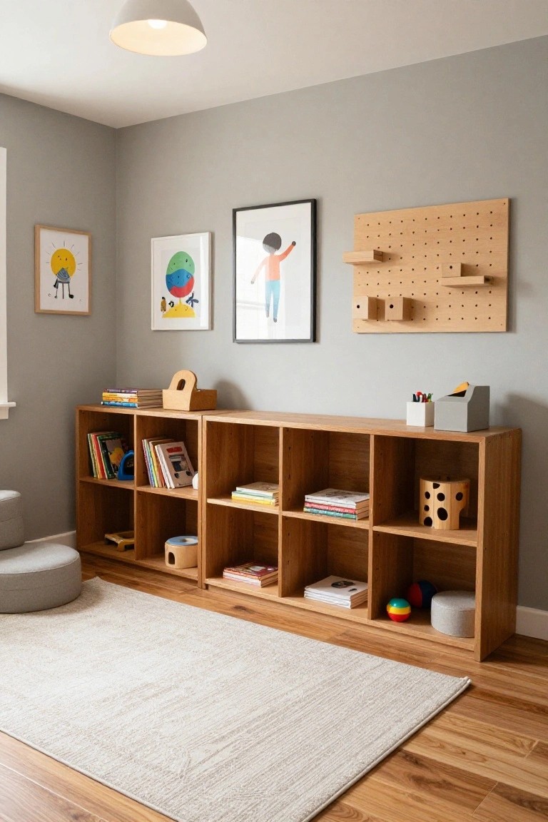Children's room with light gray walls, wooden bookshelves filled with books and toys, framed abstract artwork, a pegboard display, and a white pendant light.