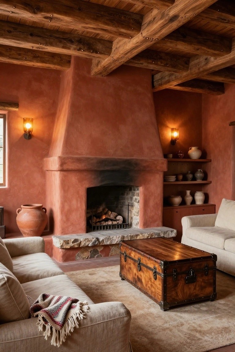 Living room interior with terracotta adobe walls, exposed wooden beam ceiling, tall stone fireplace with burning logs, beige linen sofa, wooden trunk coffee table, and terracotta pottery on shelves.