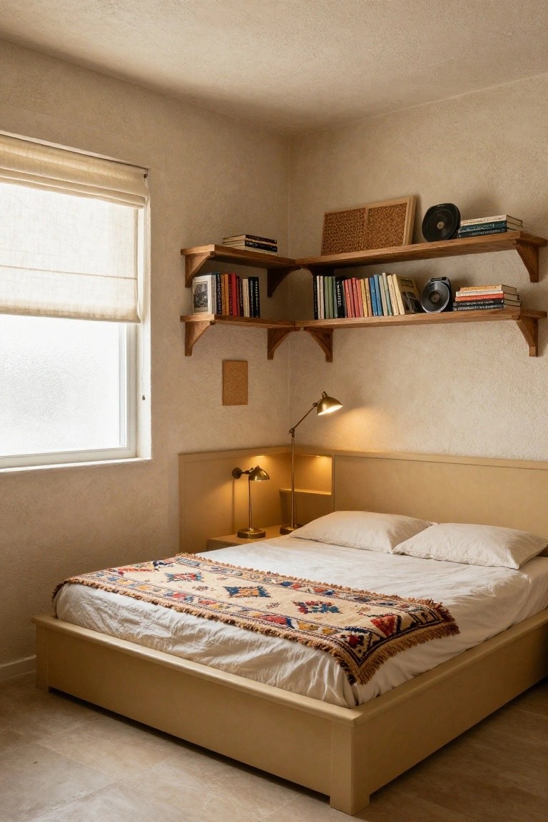 A minimalist bedroom with light beige textured walls, wooden floating shelves displaying books records and decor, a low beige platform bed topped with white sheets a colorful woven throw and pillows, brass bedside lamps, and a window covered by a linen roller shade.