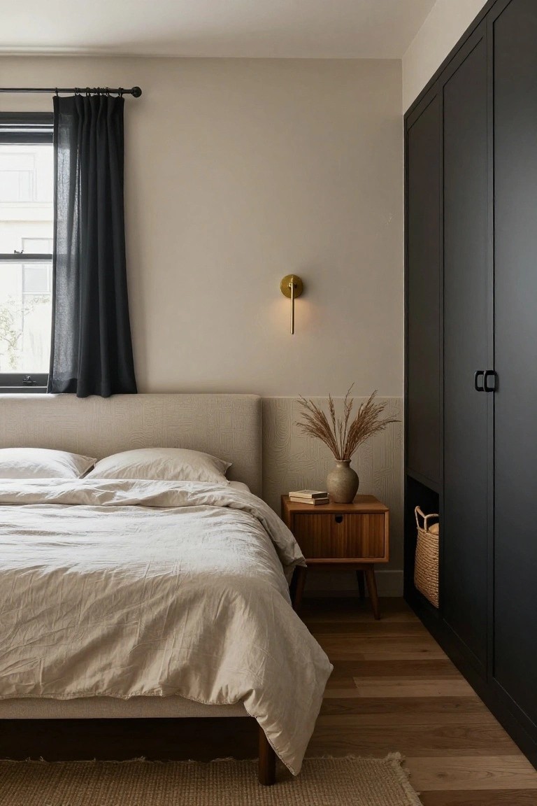 Bedroom with light beige textured walls, beige upholstered bed with white linen bedding, wooden nightstand holding books and a vase of dried pampas grass, tall black wardrobe with niche storage, black curtains on window, oak flooring, and seagrass rug.