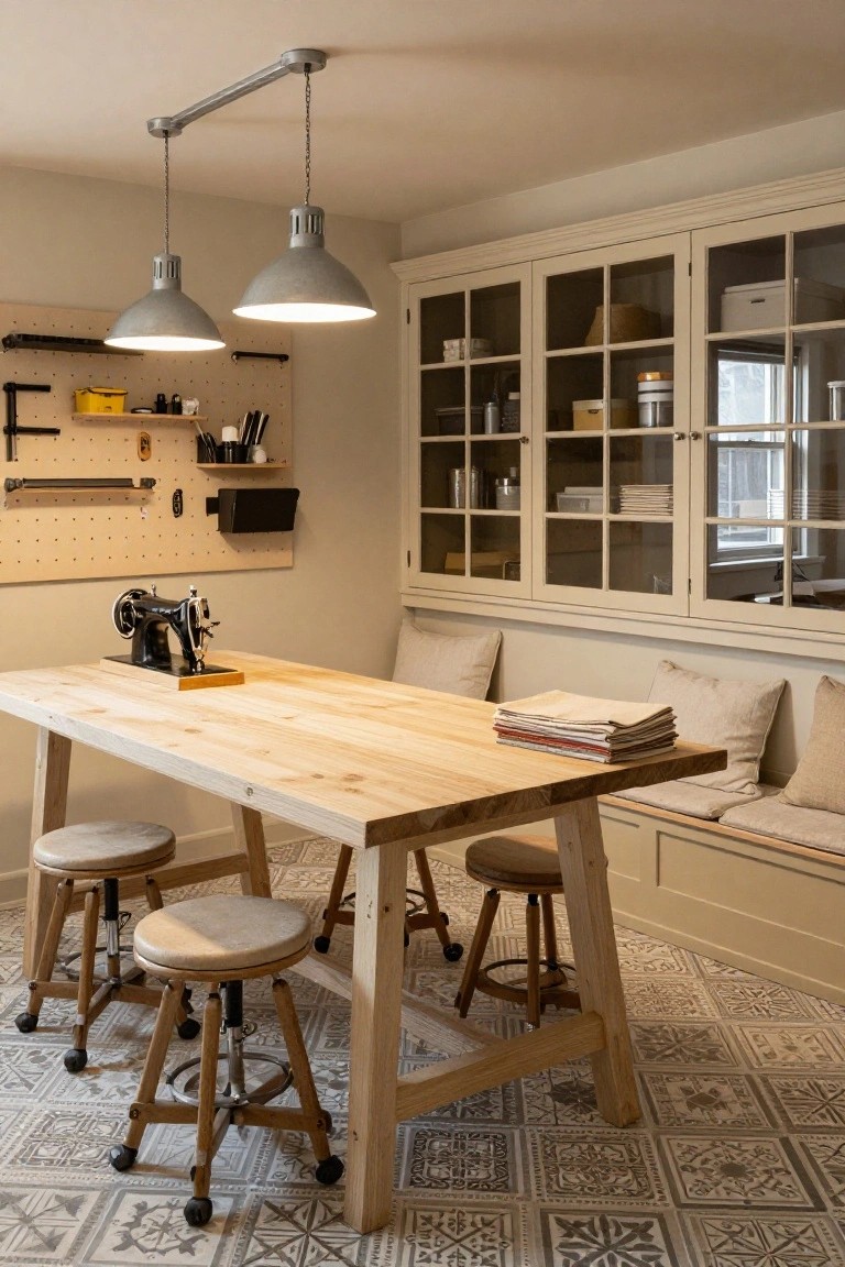 A basement craft room with pale beige walls, wooden trestle table holding a black sewing machine and stacked fabrics, adjustable wooden stools, pegboard tool wall, glass-front cream cabinets, built-in cushioned bench, and patterned neutral tile floor under hanging industrial lights.