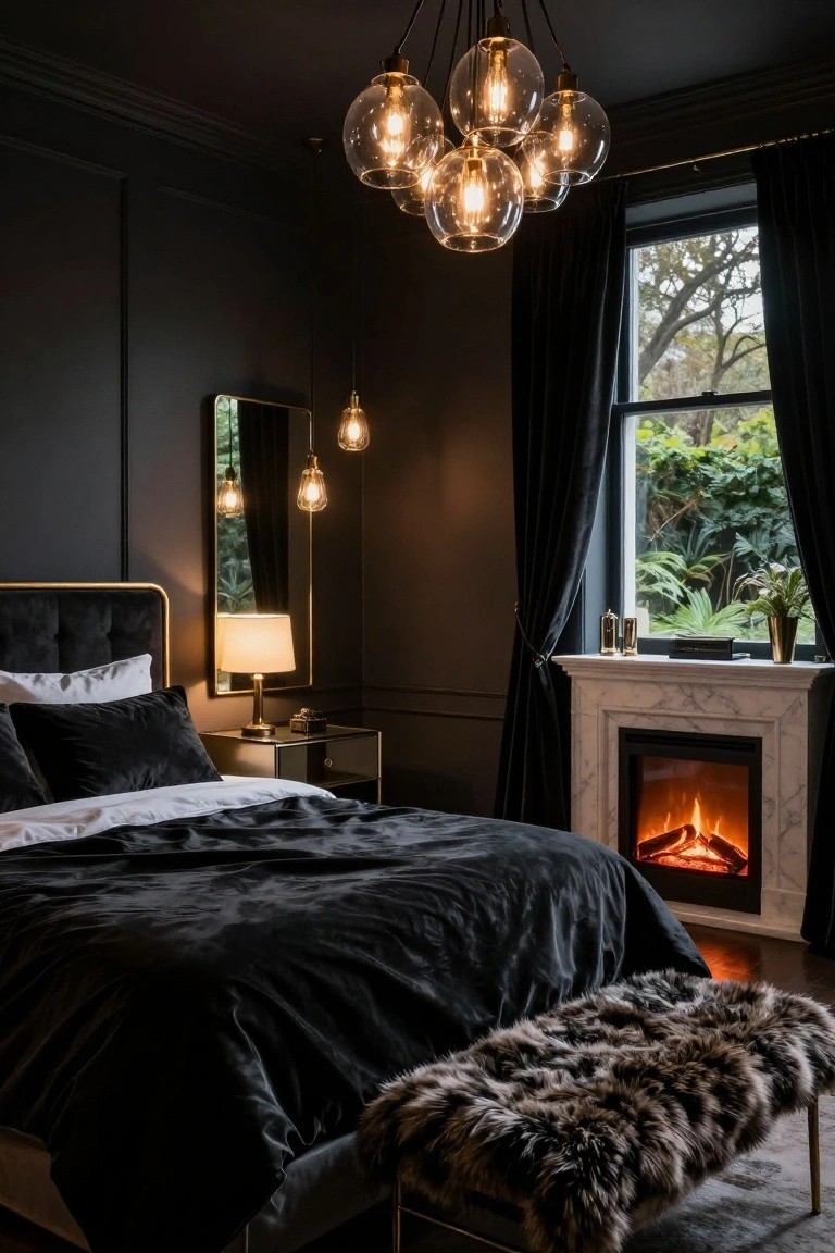 Dark paneled bedroom with black velvet bed on gold frame, marble-surround electric fireplace with flames, multiple pendant lights, freestanding mirror, bedside table, and fur-covered bench.