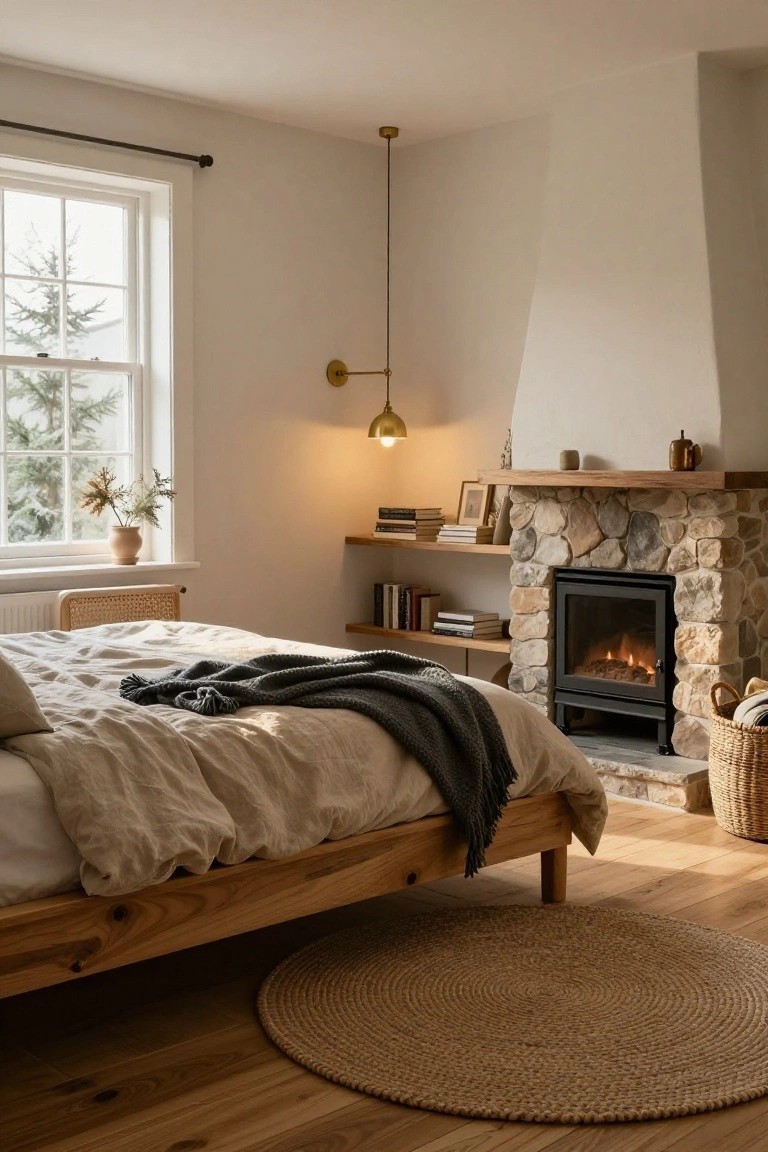 Bedroom interior with a gas fireplace in a stacked stone wall, wooden bed with beige linens and gray throw, window showing pine trees, wall shelves with books, and brass wall lamp lit up.