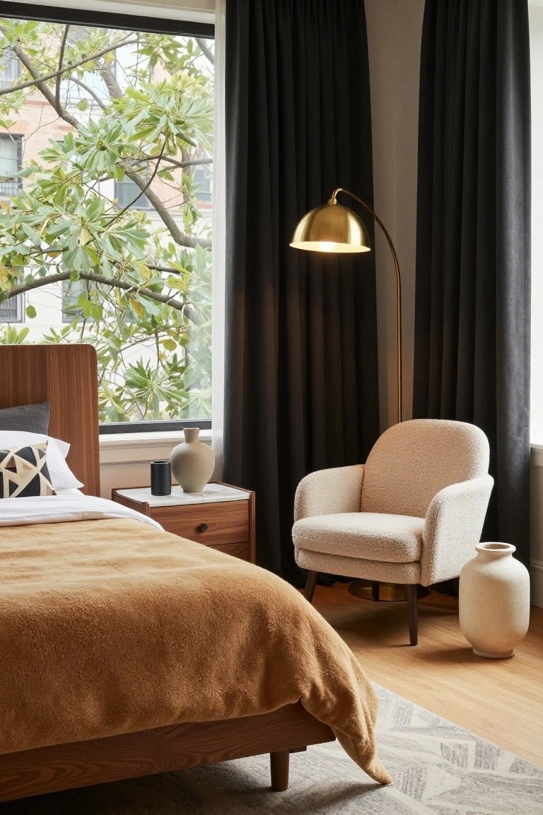 Bedroom interior featuring a low wood bed with tan textured blanket and pillows, marble-top nightstand holding a vase and black cylindrical speaker, cream bouclé armchair on brass base, gold arched floor lamp, two tall white ceramic vases, black curtains on large window with view of green trees outside, and light wood floors with gray patterned rug.