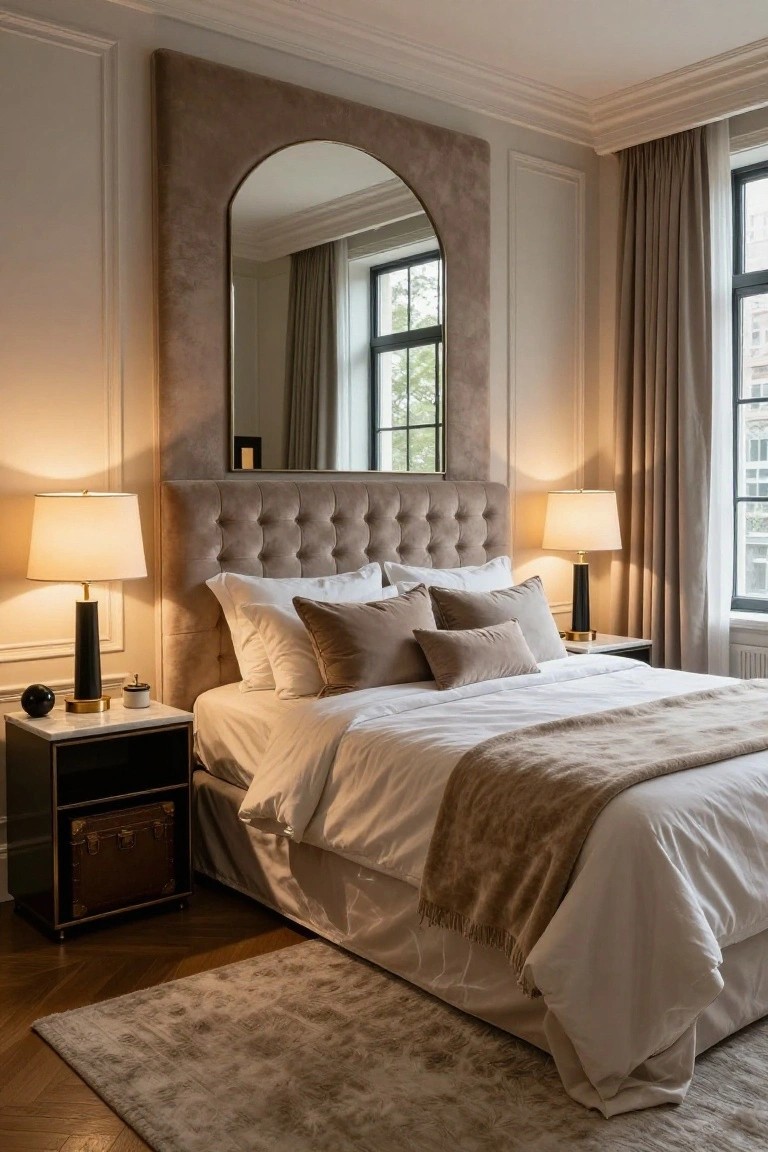 A bedroom with a large arched mirror mounted above a tufted beige upholstered headboard, flanked by marble nightstands with lamps, neutral bedding, and beige curtains on tall windows.